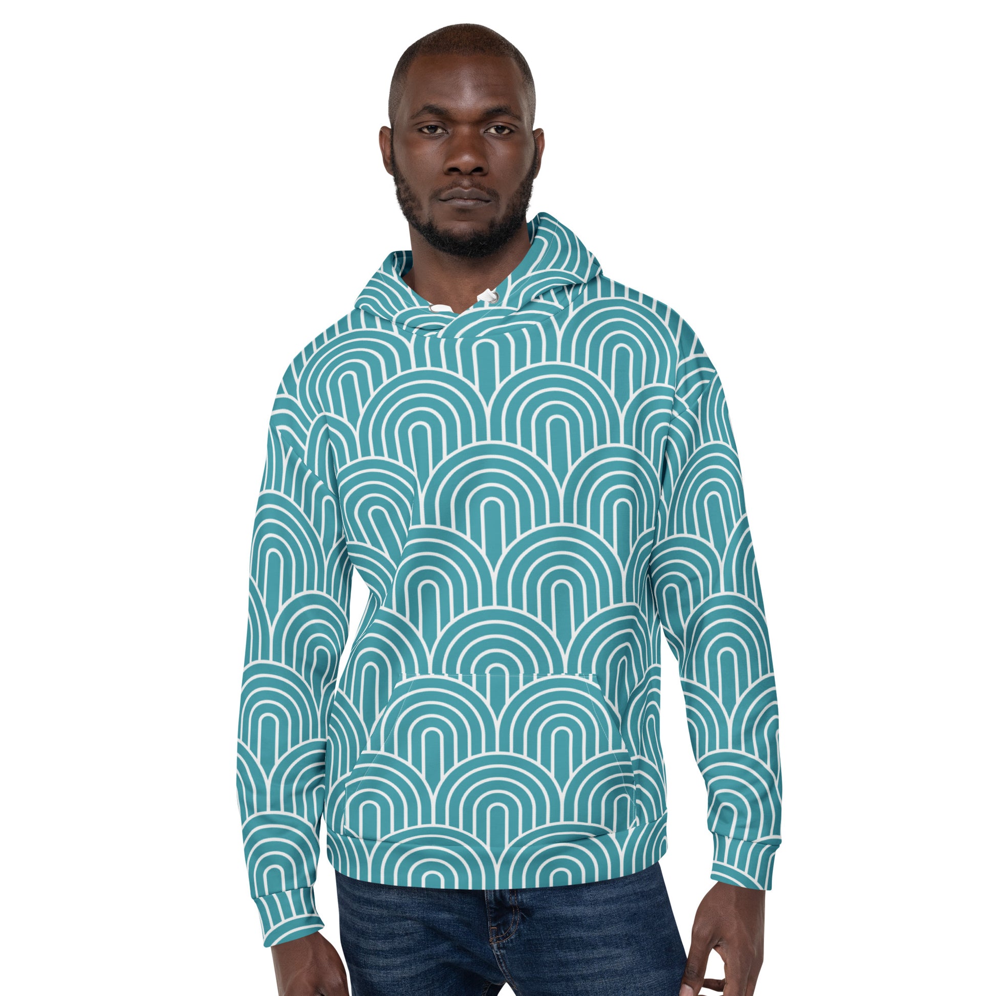 Man wearing a teal patterned hoodie on a white background