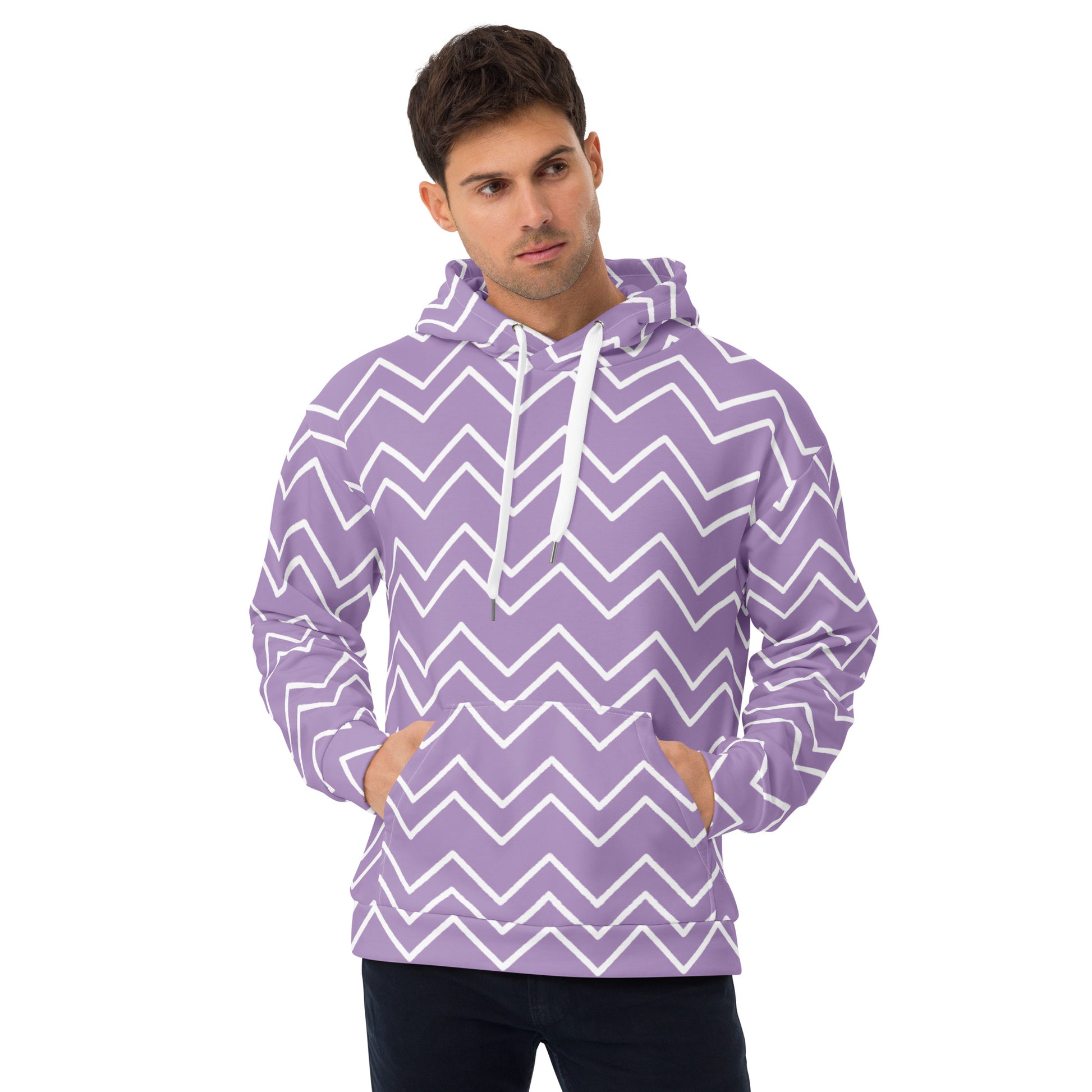 Man wearing a purple hoodie with white zigzag pattern on a white background