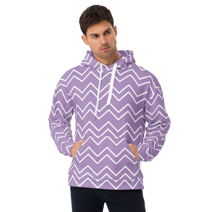 Man wearing a purple hoodie with white zigzag pattern on a white background