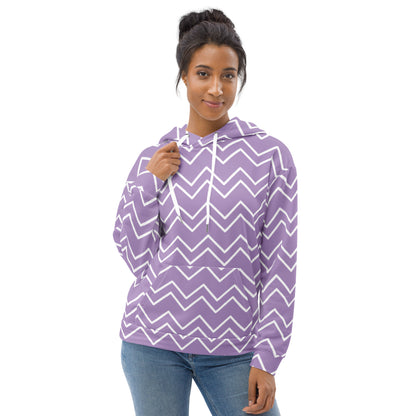 Woman wearing a purple hoodie with white zigzag pattern on a white background